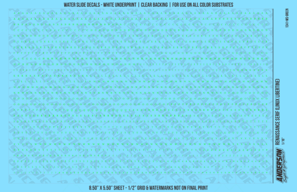 1341-WS-Green.png ASG Waterslide Decals - Renaissance Serif Lettering Numbers 1/16"