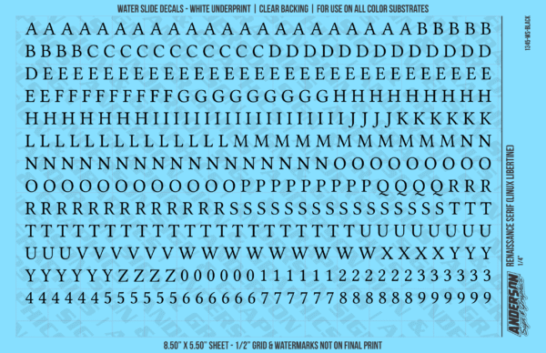 ASG Waterslide Decals - Renaissance Serif Lettering Numbers 1/4"
