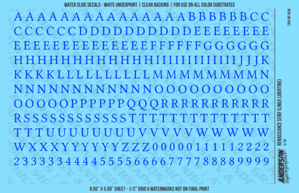 ASG Waterslide Decals - Renaissance Serif Lettering Numbers 5/16"