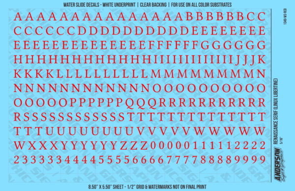 ASG Waterslide Decals - Renaissance Serif Lettering Numbers 5/16"