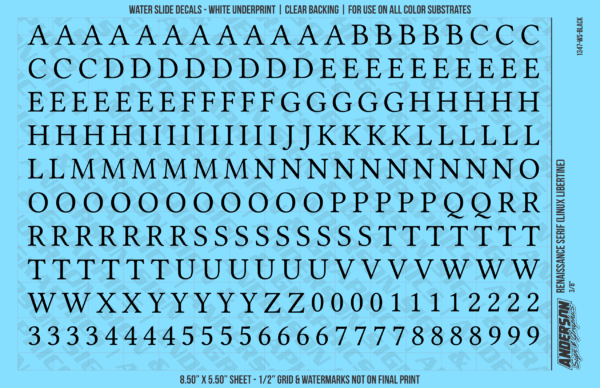 ASG Waterslide Decals - Renaissance Serif Lettering Numbers 3/8"