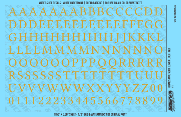 1348-WS-GoldMetallic.png ASG Waterslide Decals - Renaissance Serif Lettering Numbers 1/2"