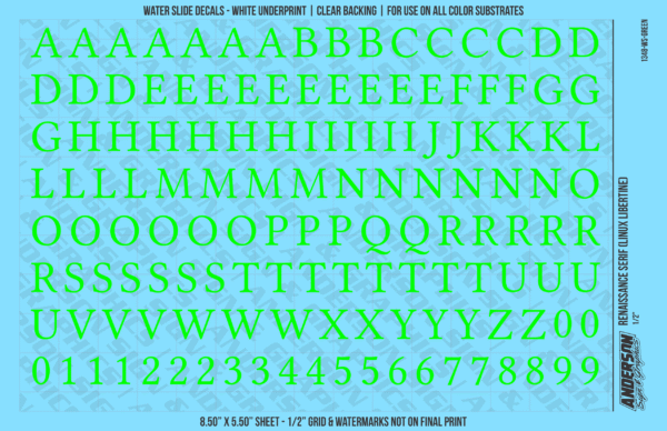 1348-WS-Green.png ASG Waterslide Decals - Renaissance Serif Lettering Numbers 1/2"
