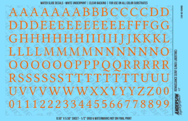 1348-WS-Orange.png ASG Waterslide Decals - Renaissance Serif Lettering Numbers 1/2"