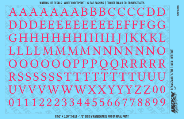 1348-WS-Pink.png ASG Waterslide Decals - Renaissance Serif Lettering Numbers 1/2"