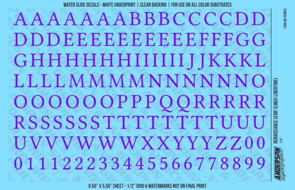 1348-WS-Purple.png ASG Waterslide Decals - Renaissance Serif Lettering Numbers 1/2"