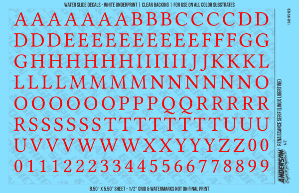 1348-WS-Red.png ASG Waterslide Decals - Renaissance Serif Lettering Numbers 1/2"