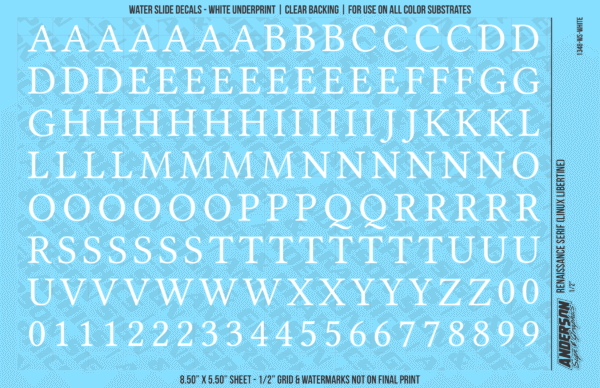 1348-WS-White.png ASG Waterslide Decals - Renaissance Serif Lettering Numbers 1/2"