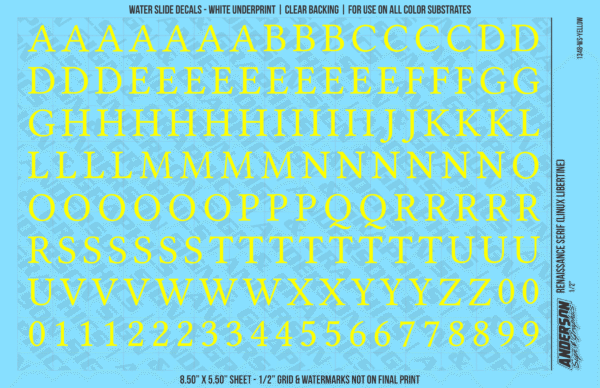 1348-WS-Yellow.png ASG Waterslide Decals - Renaissance Serif Lettering Numbers 1/2"