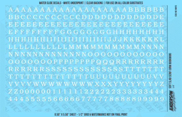 ASG Waterslide Decals - Soft Slab Serif Lettering Numbers 1/4"