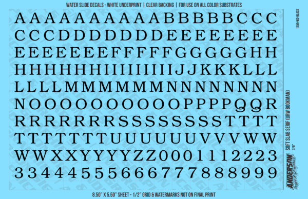 ASG Waterslide Decals - Soft Slab Serif Lettering Numbers 3/8"