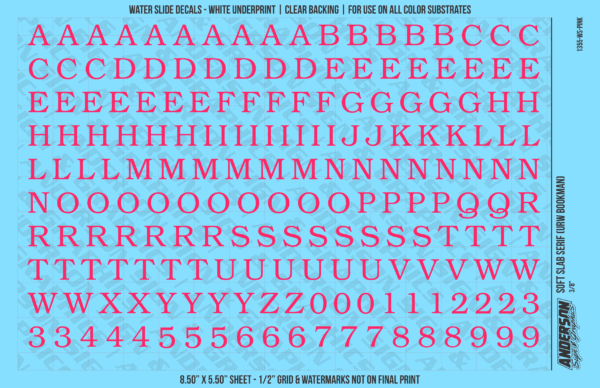 ASG Waterslide Decals - Soft Slab Serif Lettering Numbers 3/8"