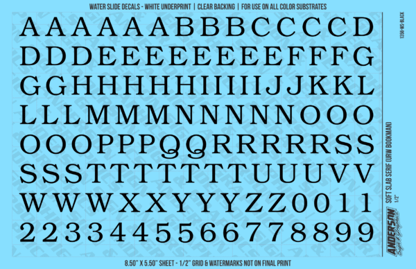 ASG Waterslide Decals - Soft Slab Serif Lettering Numbers 1/2"