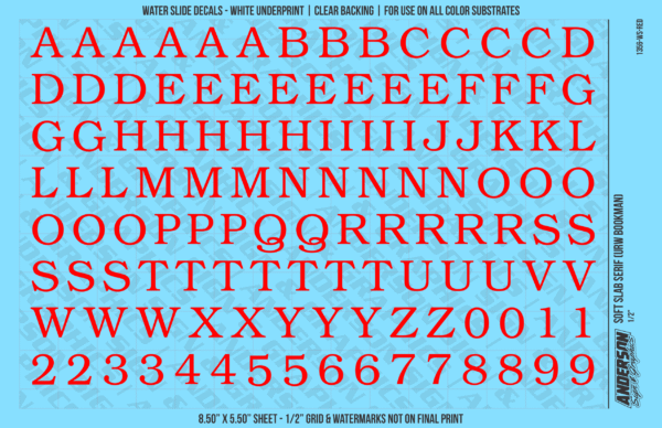 ASG Waterslide Decals - Soft Slab Serif Lettering Numbers 1/2"