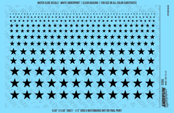 ASG Waterslide Decals - Solid 5-Point Stars Set Mixed Sizes