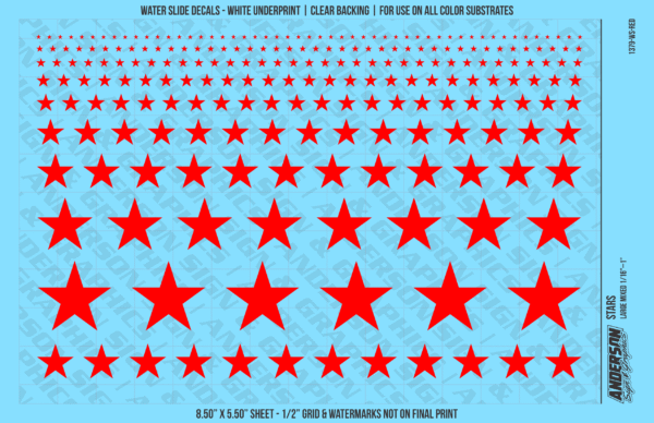 ASG Waterslide Decals - Solid 5-Point Stars Set Large Mixed